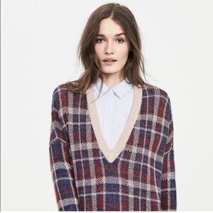 Banana Republic Orange Blue Plaid V Neck Wool Mohair Sweater Small